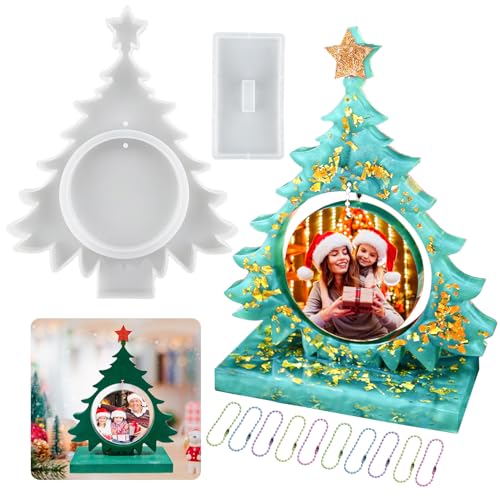 Tuxuzal Groß Epoxidharz Formen Weihnachtsbaum Silikonform Bilderrahmen Epoxidharz Gießform Weihnachtsbaum Weihnachten Ornament Epoxidharz Fotorahmen mit Runde Anhänger Gießen Harzform Haus Dekoration von Tuxuzal
