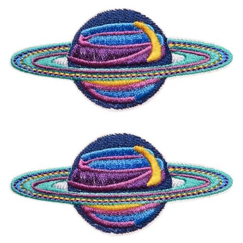 2 Stück Cartoon Cosmic Planet Lustiges Emblem Patch zum Aufbügeln oder Aufnähen, Farbe bestickter Verschluss, niedlicher Stil, Applikation, taktische Militär-Patches für Westen, Taschen, Kleidung von Tuyatezhi