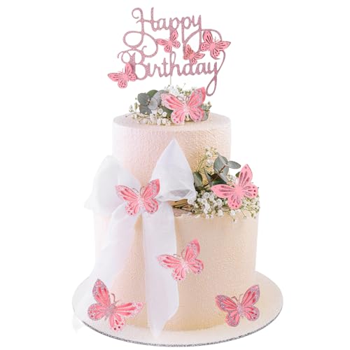 13 Stück rosa Schmetterlings-Kuchendekorationen, rosa Glitzer-Schmetterling-Kuchenaufsätze, 3D-Schmetterlinge, Geburtstagsdekorationen für Frauen und Mädchen, Party, Hochzeit, Kuchen von Tweruna
