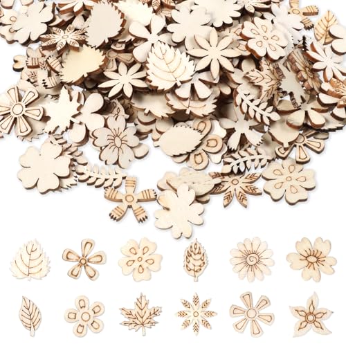 200 Stück Holzblumen für Bastelarbeiten, Unfertige Holzblumen- und Blätterzuschnitte, Gemischte Mini-Holzblumen-Zuschnitte für handgefertigte Bastelmaterialien DIY Basteldekorationen von Tweruna