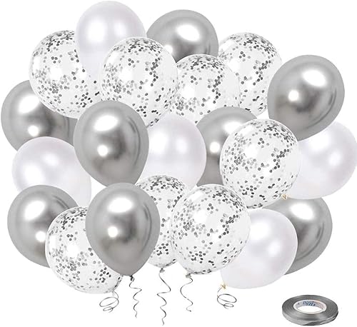 Weiße Und Silberne Konfetti-Ballons Hochzeit, Verlobung, Abschluss, Geburtstag Partydekorationen Packung mit 60 Luftballons Weiße Und Silberne Konfetti-Ballons Hochzeit, Verlobung, Abschluss, Geburtstag Partydekorationen Packung mit 60 Luftballons von Twidels