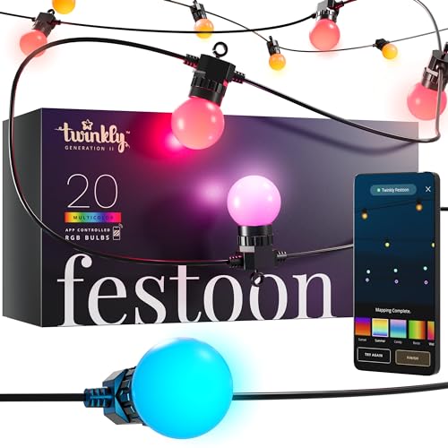 Twinkly Festoon - LED-Birnen-Lichterkette mit 20 RGB-LEDs - Intelligente Innen- und Außenbeleuchtung - App-gesteuert, schwarzes Kabel, 10 m von Twinkly