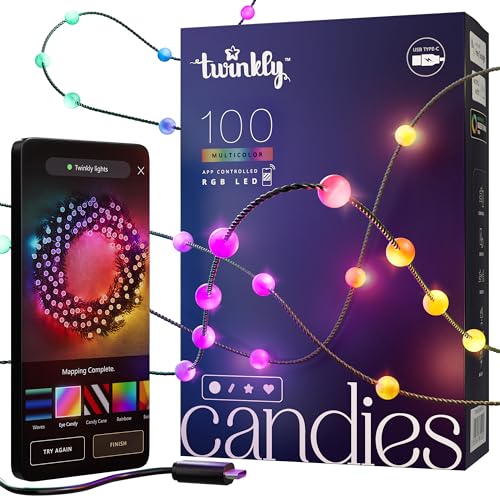 Twinkly Candies - Lichterkette mit 100 RGB-LEDs - App-gesteuerte Weihnachtsdeko - USB-C-betrieben - Weihnachtsbeleuchtung für Drinnen, 6m, Perle, Grüner Draht von Twinkly