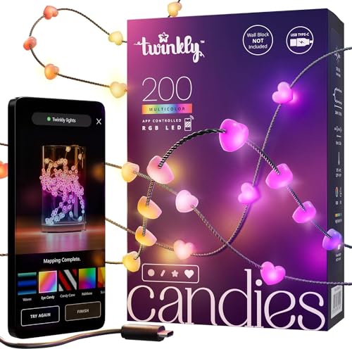 Twinkly Candies - Lichterkette mit 200 RGB-LEDs - App-gesteuerte Weihnachtsdeko - USB-C-betrieben - Weihnachtsbeleuchtung für Drinnen, 12m, Herz, Grüner Draht von Twinkly