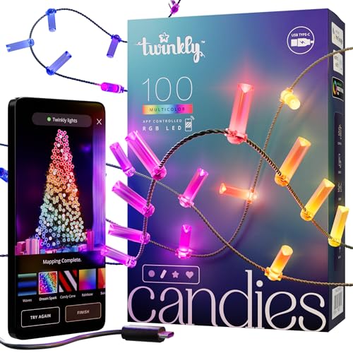 Twinkly Candies - Weihnachtslichterkette mit 100 RGB-LEDs - App-gesteuerte Weihnachtsdeko - USB-C-betrieben - Weihnachtsbeleuchtung für Drinnen, 6m, Kerze, Grüner Draht von Twinkly