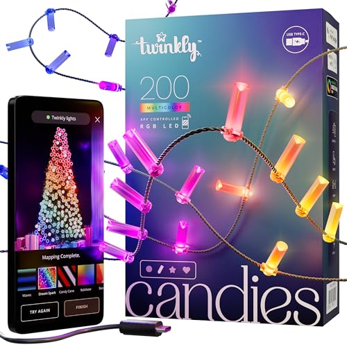 Twinkly Candies - Weihnachtslichterkette mit 200 RGB-LEDs - App-gesteuerte Weihnachtsdeko - USB-C-betrieben - Weihnachtsbeleuchtung für Drinnen, 12m, Kerze, Grüner Draht von Twinkly