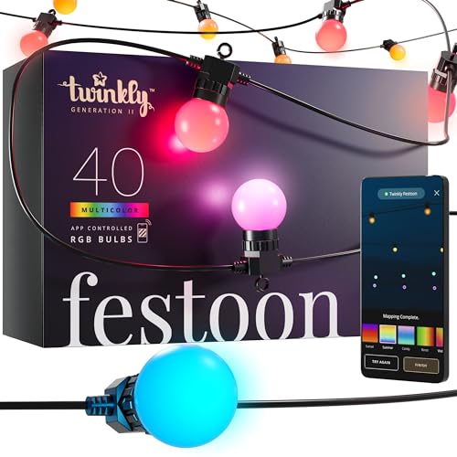 Twinkly Festoon - App-gesteuerte LED-Glühbirnen-Lichterkette mit 40 RGB (16 Millionen Farben) LEDs. 20 Meter. Schwarzes Kabel. Indoor und Outdoor Smart Lighting Dekoration von Twinkly