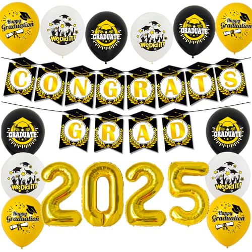 Abschlussdekorationen 2025, Klasse 2025, Partyzubehör mit schwarzen und goldenen Abschlussballons, Congrats Grade 2025 Banner für College und High School (Schwarz & Gold) von Twinsun