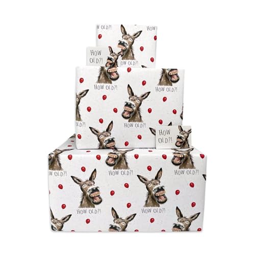 Twizler Happy Birthday Geschenkpapier für Männer oder Frauen – Esel wie alt – 4 Bögen & 4 Anhänger – 70 cm x 50 cm gefaltete Blätter – lustiges Geschenkpapier von Twizler