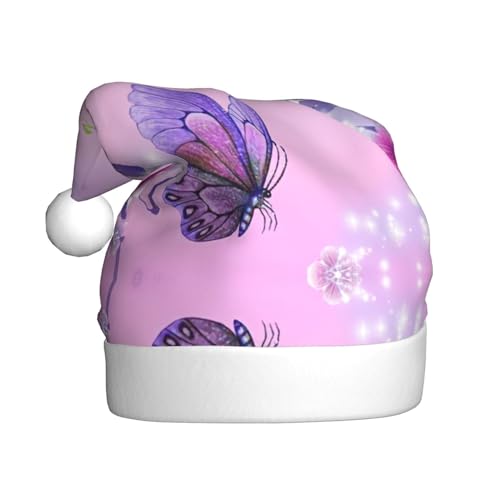 TyEdee Weihnachtsmütze mit rosa Schmetterlings-Aufdruck, für Erwachsene, Weihnachtsmannmütze, weiche Weihnachtsmütze, für festliche Weihnachtsfeier-Dekoration von TyEdee