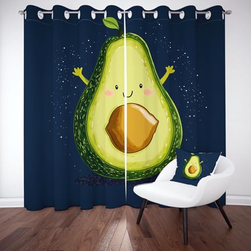 Kawaii Obst Ornament Verdunkelungsvorhange 2er Set, Niedlich Avocado Vorhänge Wohnzimmer 137x117 cm Cartoon Tropische Frücht Gardine Blickdicht Schallschutz Thermovorhang mit Ösen Fensterdekoration von Tyafsgvqo