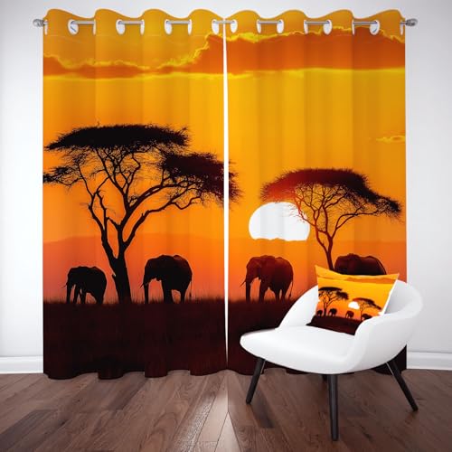 Savanne Elefant Vorhang mit Ösen 2er Set, Afrikanische Safari Tier Gardinen Wohnzimmer 225x70 cm, Sonnenuntergang Wildtier Verdunkelungsvorhange Blickdicht Schlafzimmer Thermo Schallschutz Curtain von Tyafsgvqo