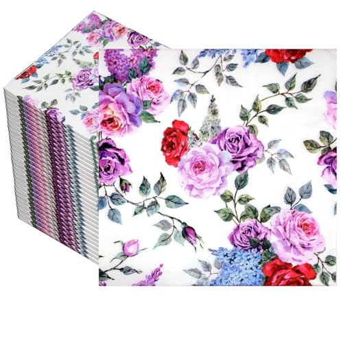 100 Stück Servietten Blumen, Papierservietten mit Blumen, Hochzeitsservietten Hochzeit, Vintage Servietten, für Hochzeit Taufe Geburtstag Ostern Kommunion 33x33cm(A) von Tyafzzn