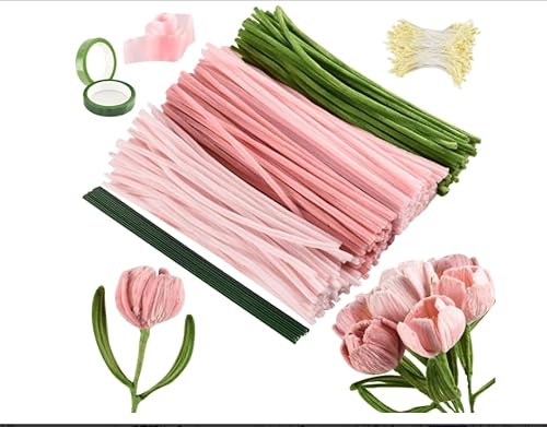 Tyafzzn Pfeifenreiniger Blumen Set, 300 Stück Pfeifenputzer zum Basteln mit 20 Stück Grünem Bastelfaden, Geschenkband, Klebeband für Blumenstrauß DIY Dekorationen von Tyafzzn