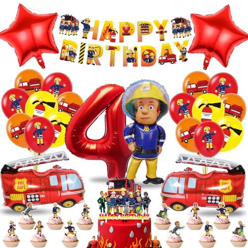 Feuerwehr Geburtstag Deko 4 Jahre Jungen, Feuerwehrmann Luftballons, Tortendeko Feuerwehr, Feuerwehr Folienballon, Geburtstagsdeko für 4 Jahre kindergeburtstag Party Dekoration von Tydeus