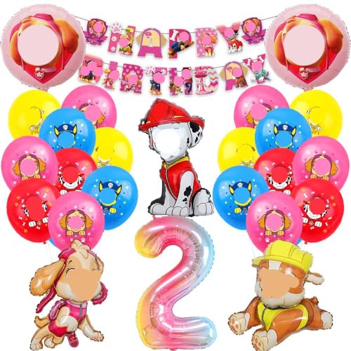 Luftballons 2 Geburtstag Deko,Folienballon Zahl 2, Dog Cartoon Luftballons Geburtstag Deko 2 Jahre für Mädchen Junge,Happy Birthday Banner für Dog Dekoration Kindergeburtstag Party von Tydeus