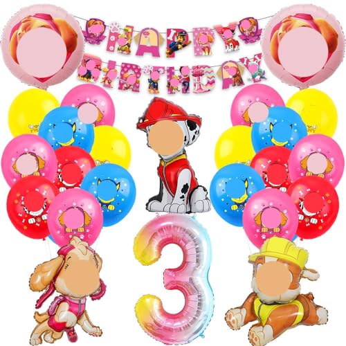 Hund Patrol Luftballons 3 Geburtstag Deko,Folienballon Zahl 3, Dog Cartoon Luftballons Geburtstag Deko 3 Jahre für Mädchen Junge,Happy Birthday Banner für Dog Dekoration Kindergeburtstag Party von Tydeus