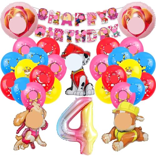 Luftballons 4 Geburtstag Deko,Folienballon Zahl 4, Dog Cartoon Luftballons Geburtstag Deko 4 Jahre für Mädchen Junge,Happy Birthday Banner für Dog Dekoration Kindergeburtstag Party von Tydeus