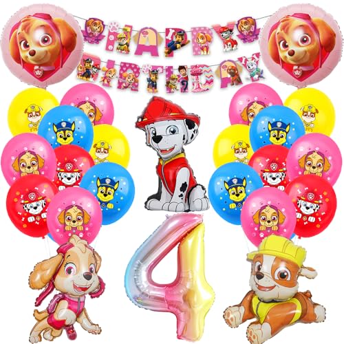 Hund Patrol Luftballons 4 Geburtstag Deko,Folienballon Zahl 4,Cartoon Luftballons Geburtstag Deko 4 Jahre für Mädchen Junge,Happy Birthday Banner für Dekoration Kindergeburtstag Party von Tydeus