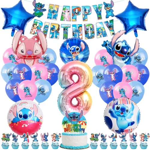 Luftballons Kinder Geburtstag Deko 8 Jahre, Foil Balloons Geburtstagsdeko, Party Deko Set mit Tortendeko und Happy Birthday Banner für Kindergeburtstag 8. Mädchen Junge Party Dekoration von Tydeus