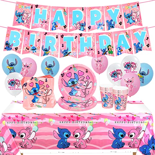 Partygeschirr Set,Mädchen Geburtstagsdeko Kit,51PCS Geschirr Tischdekoration,Rosa Luftballons,Gehören Teller,Latexballon,Tasse,Tischdecke,Servietten und Pull Flag für Birthday Party Jubiläum von Tydeus