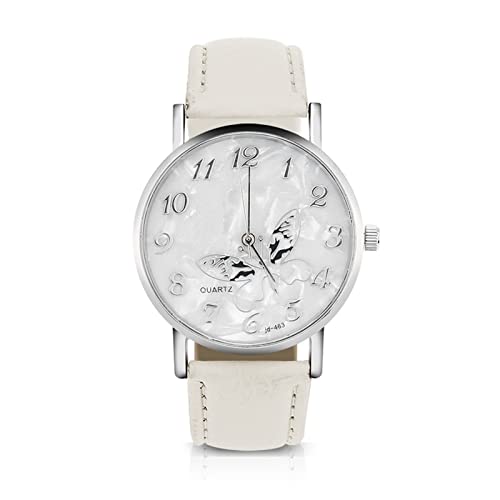Tyenaza Armbanduhren, Damen-Quarzuhr, weibliche analoge runde Armbanduhren, PU-Lederband, Mode, einfache Schmetterlings-Design-Armbanduhr(Weiß) von Tyenaza