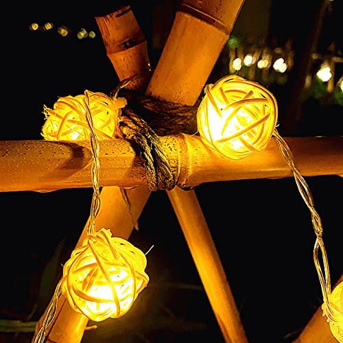 Tyenaza Rattan-Kugel-Lichterkette, 9,84 Fuß, 20 LEDs, Kugel-Rattan-Kugeln, Batteriebetrieben, Für Hochzeit, Geburtstage, Dekoration von Tyenaza