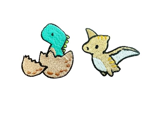 TH Set von 2 winzigen Mini-Dinosauriern Flugsaurier Dinosaurier im Ei Muschel Baby Cute Cartoon Logo 22 Patches Nähen Eisen auf gestickte Applikation Abzeichen Zeichen Patch Kleidung Kostüm von Tyga_Thai