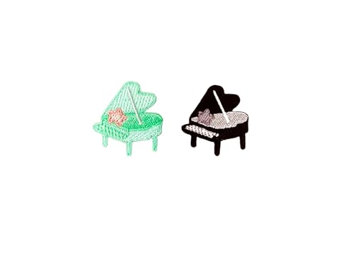 TH Set von 2 winzigen Mini-Patches mit Klavier-Instrumenten-Motiv, niedliches Cartoon-Logo, zum Aufnähen und Aufbügeln, bestickt, für Kleidung, Kostüm, Grün / Pastellfarben / Schwarz von Tyga_Thai