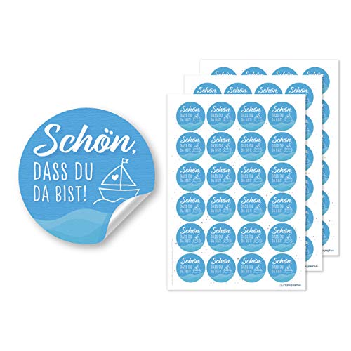 72 Stk. "Schön DASS du da bist" Aufkleber blau weiß türkis maritim 4cm Ø mit Boot & Herz - Gastgeschenkaufkleber Etiketten für Taufe oder Hochzeit 72 Stk. "Schön DASS du da bist" Aufkleber blau weiß türkis maritim 4cm Ø mit Boot & Herz - Gastgeschenkaufkleber Etiketten für Taufe oder Hochzeit von Typographus