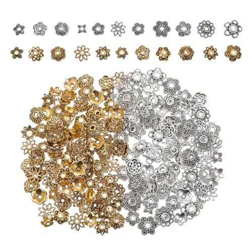 Abstandshalter, Perlenkappen in 11 Stilen, antikes Gold und Silber, Blumen-Perlenkappen, Vintage-Ring-Abstandshalter für DIY-Armbänder, Halsketten, Ohrringe, Schmuckherstellung, 160 Stück Abstandshalter, Perlenkappen in 11 Stilen, antikes Gold und Silber, Blumen-Perlenkappen, Vintage-Ring-Abstandshalter für DIY-Armbänder, Halsketten, Ohrringe, Schmuckherstellung, 160 Stück von Tyqour