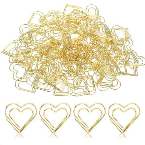 Tyqour 100 Stück Büroklammern Herz Gold Büroklammer Herz Gold 2.5 X 2.2cm Liebe Büroklammern Motiv Klein Büroklammer Set Paper Clips für Büro,Schule,Klassenzimmer, Postkarten Aktenklammer von Tyqour