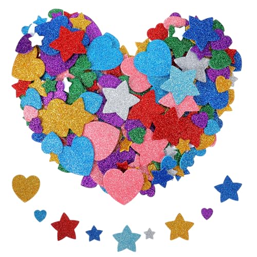 Tyqour 150 Stück Glitter Schaumstoff Aufkleber Stern und Herz Sticker Bunte Schaumstoff Sticker Set Selbstklebend Glitzer Moosgummi Stickers für Kinder Wand Dekoration Basteln Kartenherstellung von Tyqour