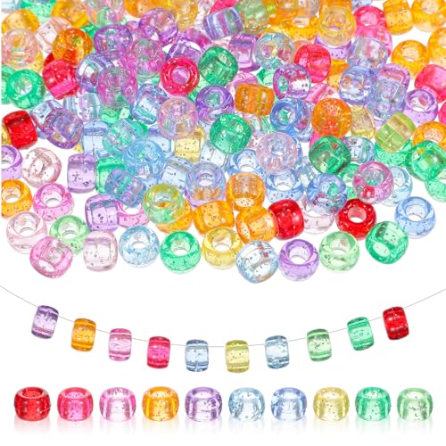 Tyqour 200 Stück Pony Beads 6x9mm Kunststoffperlen Armbandperlen Perlen für Haarflechten Bunte Perlen mit Großem Loch für Schmuck, Armbänder, Ketten, Haarflechten, Schlüsselanhänger, Basteln von Tyqour