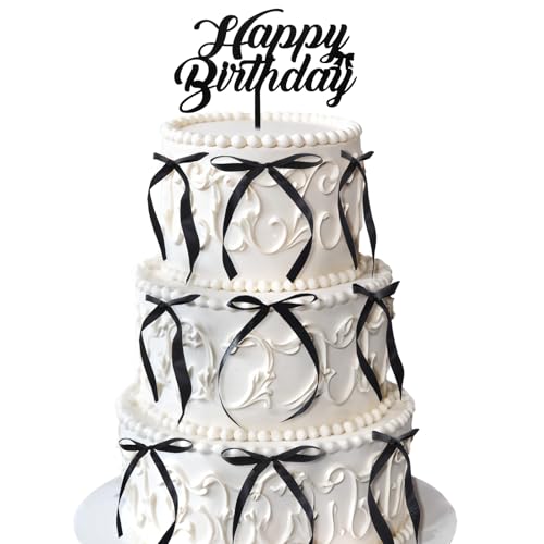 Tyqour 21 Stück Happy Birthday Tortendeko Schwarz Happy Birthday Cake Topper mit 20 Schwarz Schleifen Deko Torten Topper Acryl Tortendeko Geburtstag Kuchendekoration für Geburtstagstorte von Tyqour
