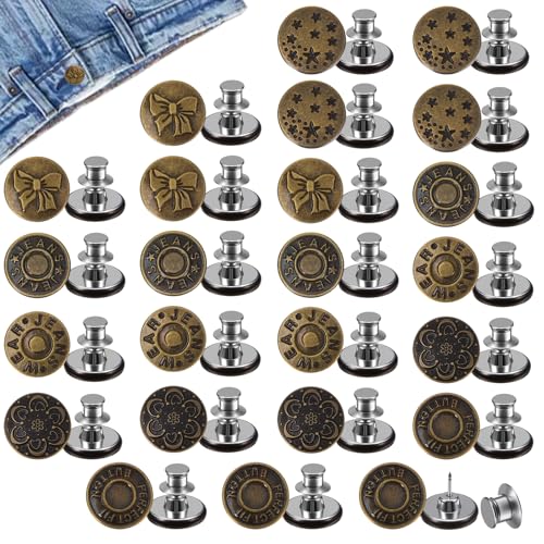 Tyqour 24 Stück Jeans Knöpfe Ohne Nähen Jeansknöpfe Hosen Ersatz Knöpfe Button Pins 17mm Verstellbarer Jeansknopf Ohne Nähen Hosen Enger Machen,Ersatz zum Erweitern Oder Reduzieren der Hosengröße von Tyqour