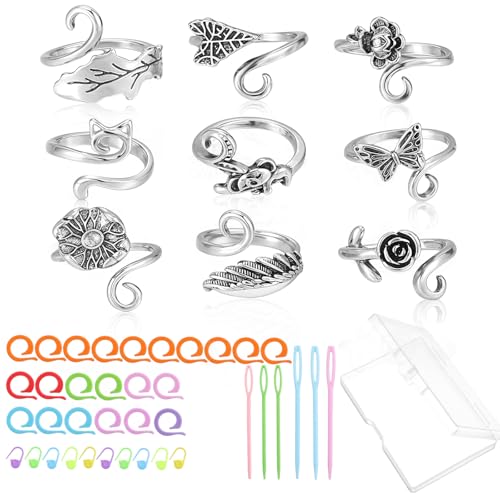 Tyqour 9 Stück Häkelringe Strickring Finger Häkelring für Finger Häkeln Crochet Ring Häkel Metall Verstellbare Häkelring Strick Häkel Zubehör für Frauen Mädchen Häkelliebhaber von Tyqour