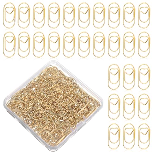 Tyqour Büroklammern Herz Gold 200 Stück Büroklammern Set mit Transparentbox Klein Büroklammer Herz Gold Metall Liebe Paper Clips für Büro, Schule, Klassenzimmer, Postkarten Aktenklammer von Tyqour