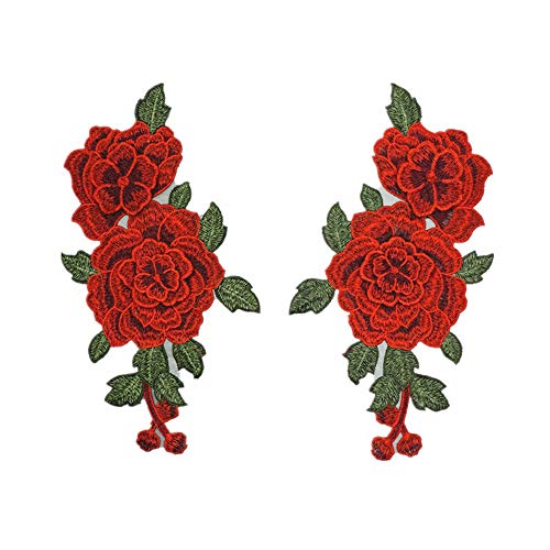 U-K 1 Paar rote Rosen-Blumen-Aufnäher, bestickt, Blumenapplikation, zum Aufnähen, für Spitze, Stoff, Kleidung, Bastelbedarf, hervorragende Qualität und kreativ, 26 x 14 cm von U-K