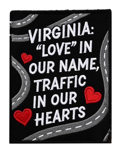 U-Sky Aufnäher zum Aufbügeln oder Aufbügeln mit Sarkasmus, bestickt, Motiv: Virginia Highway Herz, bestickter Aufnäher, Love & Roads Satire Design mit roten Herzen, zum Aufbügeln für Autoliebhaber von U-Sky