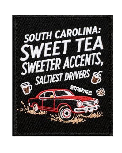 U-Sky Aufnäher zum Aufnähen oder Aufbügeln mit Sarkasmus, bestickter Aufnäher mit South Carolina Charm, Sarkasmus, Sweet Tea & Southern Spirit Design, Oldtimer-Motiv, zum Aufbügeln für Jacken, Hüte von U-Sky