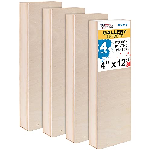 U.S. Art Supply 10,2 x 30,5 cm Birkenholz Farbgießtafel, Galerie 3,8 cm tiefe Wiege (4 Stück) – Künstlertiefe Holzwandleinwände – Malerei gemischte Medien Handwerk Acryl Öl Encaustic von U.S. Art Supply