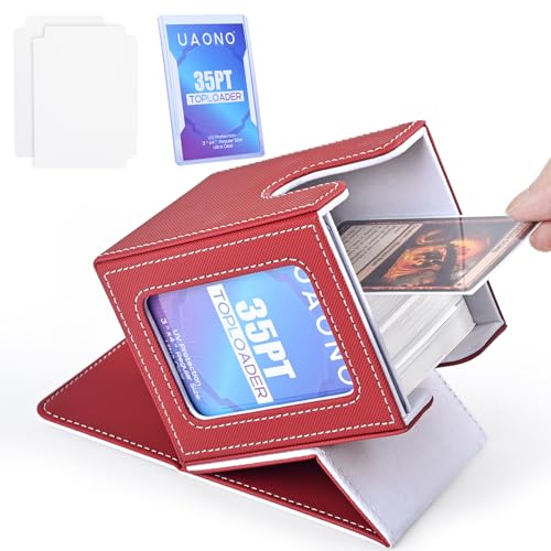 UAONO Magic Deck Box mit MTG Commander-Display, Patentiertes Deck Boxen für 100+ Karten, Sammelkarten-Aufbewahrungsboxen, Spielkarten Deck Case, mit 2 Trennwänden, 1 Toploader (Rot und weiß) von UAONO