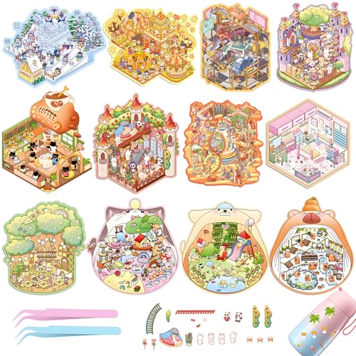 UBERMing 12 Pcs DIY 3D Sticker House Set mit 2 Pinzette, Hausaufkleber 3D Miniature Scene Stickers, Aufkleber Scene Selbermachen von Baumhaus Traumschloss Schneewelt für Erwachsene und Kinder UBERMing 12 Pcs DIY 3D Sticker House Set mit 2 Pinzette, Hausaufkleber 3D Miniature Scene Stickers, Aufkleber Scene Selbermachen von Baumhaus Traumschloss Schneewelt für Erwachsene und Kinder von UBERMing