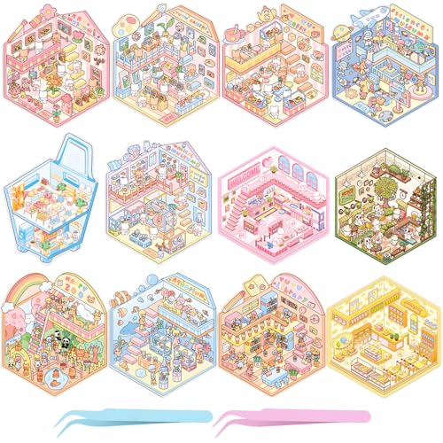 UBERMing 12 Pcs DIY 3D Sticker House Set mit 2 Pinzette, Hausaufkleber 3D Miniature Scene Stickers, Aufkleber Scene Selbermachen von Kaffeehaus Zoo Ozeanarium Museum für Erwachsene und Kinder UBERMing 12 Pcs DIY 3D Sticker House Set mit 2 Pinzette, Hausaufkleber 3D Miniature Scene Stickers, Aufkleber Scene Selbermachen von Kaffeehaus Zoo Ozeanarium Museum für Erwachsene und Kinder von UBERMing