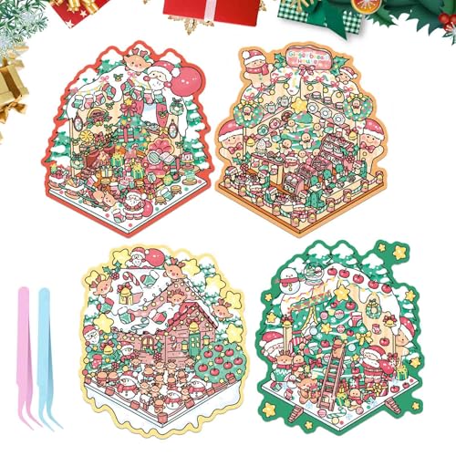 UBERMing 4 Pcs 3D House Sticker Set Miniature Scene Stickers, 3D Sticker Weihnachten Aufkleber Scene mit 2 Pinzette Selbermachen von Weihnachtsbaum Lebkuchenhütte Weihnachtsschneehaus für Kinder von UBERMing