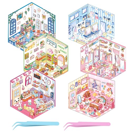 UBERMing 6 Pcs DIY 3D Sticker House Set mit 2 Pinzette, Hausaufkleber 3D Miniature Scene Stickers, Aufkleber Scene Selbermachen von Blumenladen Bäckerei Bekleidungsgeschäft für Erwachsene und Kinder von UBERMing