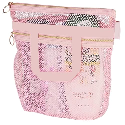 UBOHUZ 2 Stück tragbare Duschhandtasche, transparente Make-up-Tasche aus Netzstoff, Aufbewahrungstasche, Reise-Kulturtasche, Netz-Strandtasche Für Studentenwohnheim(Pink) von UBOHUZ