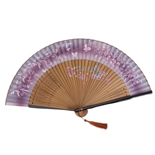 UBOHUZ Faltfächer Mit Quasten 2 Stück Eleganter Retro Tragbarer Faltfächer Schmetterling Blumenmuster Tanzfächer Mit Quasten Handventilator Sommer Für Geburttag, Party(Purple) von UBOHUZ