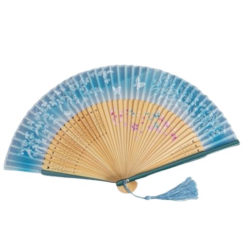 UBOHUZ Faltfächer Mit Quasten 2 Stück Eleganter Retro Tragbarer Faltfächer Schmetterling Blumenmuster Tanzfächer Mit Quasten Handventilator Sommer Für Geburttag, Party(Sky Blue) von UBOHUZ